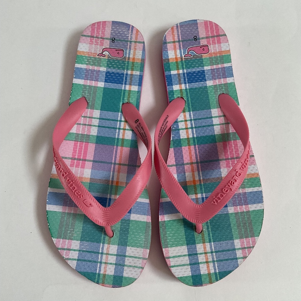 Vineyard Vines Pastel Madras Print Flip Flop Sz 8 Bahama Breeze pink blue Whale